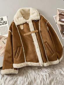 Franclia 女士厚仿麂皮和毛皮衬里夹克，秋冬 - 駝色 - 查看 1
