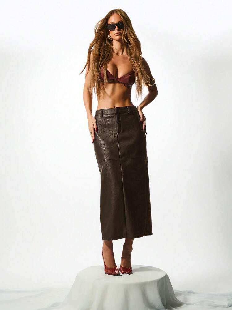 KIZN Leather Midi Pencil Skirt With High Waist
