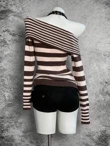 SHEIN Unity Streetwear Women's Colorblock Asymmetrical Shoulder Collar Zip-Up Fitted Long Sleeve Sweater Top - Multicolor - View 2