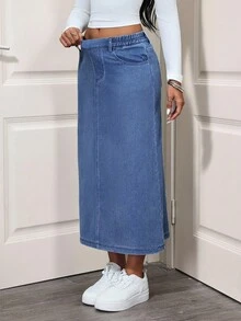 SHEIN Unity Damen Denim Rock mit elastischem Bund, Taschen und Schlitz, minimalistisch, vielseitig und lässig - Blau - Übersicht 3