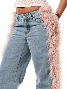 SUMWON WOMEN Quần jeans ống rộng ống loe cạp trễ phối lông vũ cho lễ hội phong cách Boho - Màu xanh lam - Xem 4