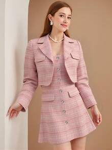SHEIN 2pcs/Set Teenager's Spring/Autumn Short Blazer Jacket + Tube Dress, Suitable For Daily Outing, Party And Other Occasions - Pink - View 7