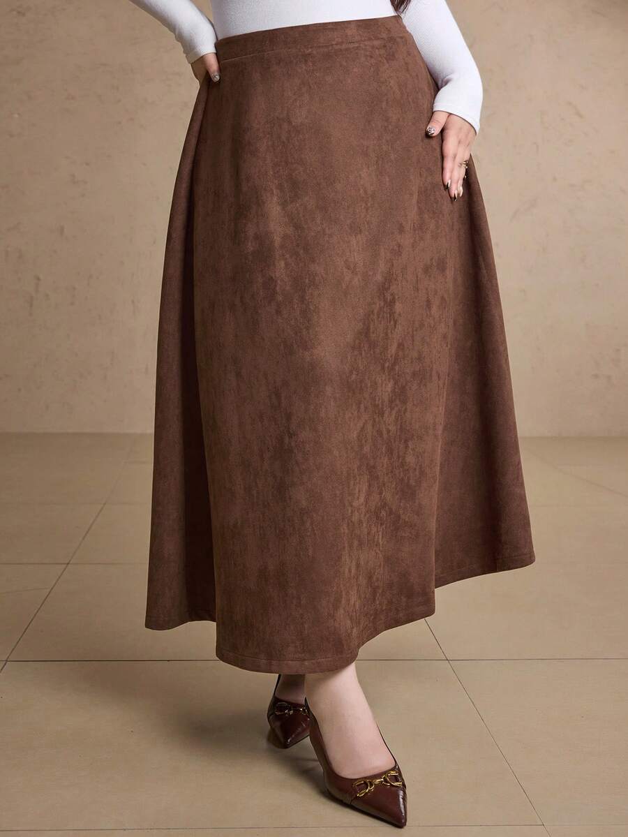 Dazy Plus Plus Size Women Elegant Thickened Long A-Line Suede Skirt, Fashion Autumn/Winter - Coffee Brown - View 1