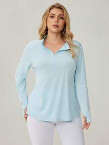 Auralis Athleisure Plus Size Women's Solid Color Front Zipper Simple Long Sleeve Casual Zip Up Sweatshirt, Yoga, Jogging Shirt, Women's Sportswear For Fall/Winter - Dusty Blue - View 2