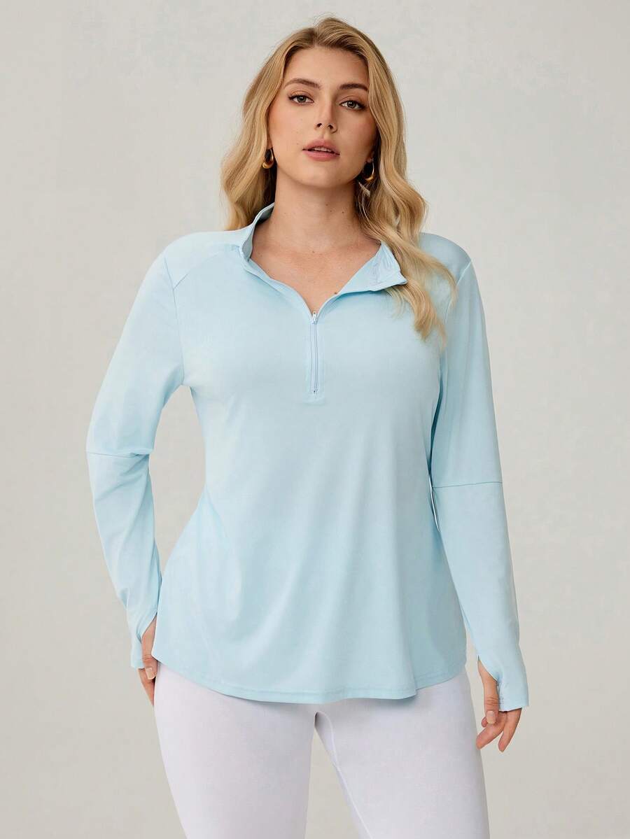 Auralis Athleisure Plus Size Women's Solid Color Front Zipper Simple Long Sleeve Casual Zip Up Sweatshirt, Yoga, Jogging Shirt, Women's Sportswear For Fall/Winter
