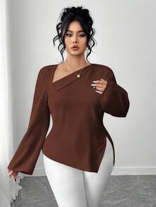 Elenzga Plus Size Women Oblique Collar Open Slit Back Tie Shirt - Brown - View 5