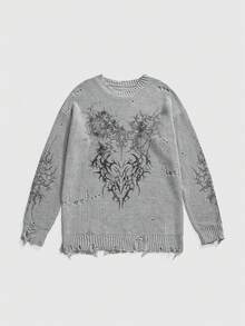 ROMWE Grunge Punk Áo len cổ tim Dark Thorn cỡ lớn cho nữ, áo chui đầu dệt kim phong cách Subculture cổ điển rộng rãi, mùa thu - Xám - Xem 1