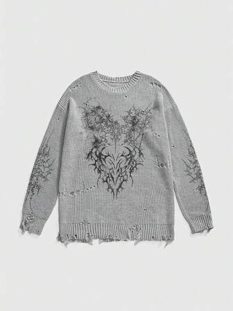 Grunge Punk Pull oversize déchiré en forme de cœur épineux pour femmes, pull ample vintage de sous-culture en tricot, automne