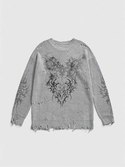 Grunge Punk Oversized Pullover für Frauen mit dunklem Dorn-Herz-Muster, lässiger vintage Subkultur Strickpullover, Herbst