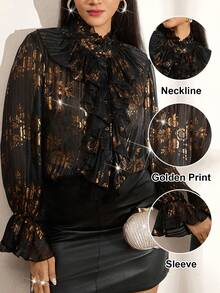 Zelara Bluzka damska w dużym rozmiarze w stylu vintage, elegancka, złota folia, kołnierzyk typu żabot, bufiaste rękawy, wiosenno-jesienna, czarno-złota góra, czarna koronkowa koszula, eleganckie bluzki, przezroczysta bluzka, czarny top, czarny top z gorsetem, zimowy Nowy Rok, Święto Dziękczynienia, eleganckie bluzki damskie na imprezę w dużym rozmiarze, lśniąca góra, zimowa, przytulna, jesienno-zimowa, świąteczna impreza - Czarne - Zobacz 3