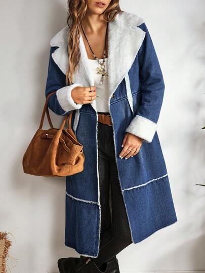 EMERY ROSE Women's Fur Collar Lapel Long Sleeve Warm Versatile Fashion Denim Jacket