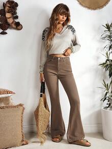 EMERY ROSE 纯色紧身喇叭腿休闲牛仔裤 - 咖啡棕 - 查看 6