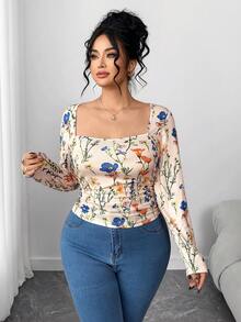 Elenzga Blusa de manga larga con cuello en U, estampado floral y fruncido, para mujer talla grande. Adecuada para el día a día, fiestas y transporte, otoño/invierno - Multicolor - Ver 5