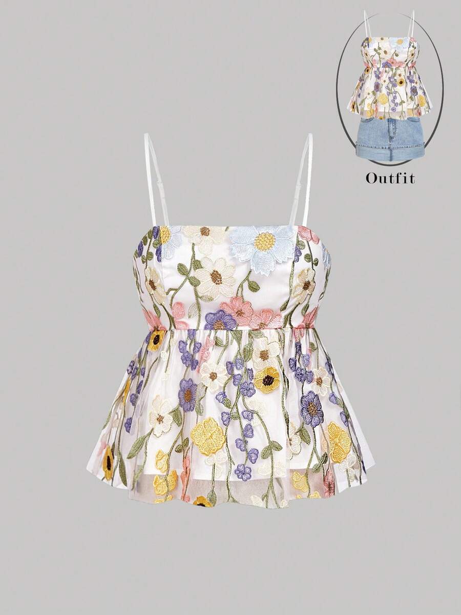 SHEIN MOD 女士优雅多色花卉刺绣吊带背心，适合夏季、秋季穿着，法式风情，休闲露台，尽显魅力，时尚秋装，秋季新款女装，花卉上衣，花朵上衣，夏季女士上衣 - 彩色 - 查看 1