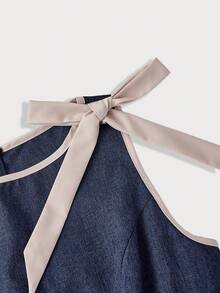 SHEIN MOD 圆领无袖撞色滚边蝴蝶结装饰腰部喇叭下摆藏蓝色连衣裙 - 藏蓝色 - 查看 3