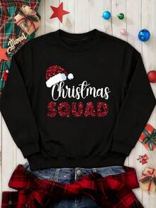 EMERY ROSE Fashionable Christmas Shiny English Text Santa Hat Women Drop Shoulder Crew Neck Sweatshirt - Black - View 1