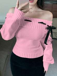 DAZY Áo len dài tay hở vai đính nơ trang trí ngày lễ tình nhân mùa xuân cho nữ dễ thương - Màu Hồng baby - Xem 2