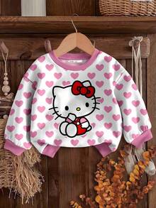 SHEIN Hello Kitty and Friends | Modeflare Wear 可爱女孩粉色波尔卡圆点心形休闲宽松柔软针织圆领套头衫，适合上学、社交、睡前、女婴 - 彩色 - 查看 3