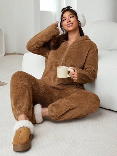 Solflare Plus Size Women Cute Solid Color 3D Ear Hooded Furry Casual Jumpsuit, Autumn/Winter