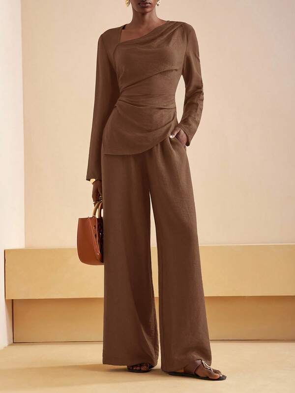 Zivah New Autumn And Winter New Commuting Elegant Casual Vacation Brown Asymmetric Collar Pleated Long-Sleeved Blouse+ High Waist Wide-Leg Long Pant Women Two Pieces Set, Travel, Commuting, Party, Vacation, Old Money Style, Shopping, Banquet, Elegant, Party, Date,Casual-A