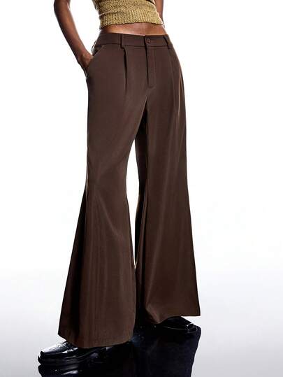 LYSMO 2025冬季简约女式纯色喇叭裤，适合通勤/冬季女士圣诞节新年感恩节时尚百搭裤装/时尚系列/棕色裤子