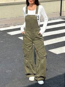 SHEIN EZwear Women's Asian Style Casual Everyday Versatile Denim Bib Pants And Jumpsuit - Army Green - View 6