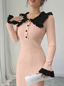 Elenzga Women's Elegant Contrast Color Ruffle Collar Flare Sleeve Fitted Hem Sweater Dress, Autumn/Winter - Pink - View 5