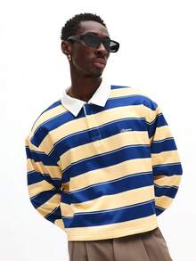 SUMWON 长袖短款条纹橄榄球 Polo 衫，撞色白领，适合休闲穿着 - 彩色 - 查看 5