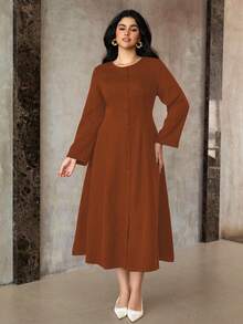 Roveilla Plus Size Women Vintage Elegant Autumn Brown Long Sleeve Dress,Minimalist Conservative Casual Solid Rust Brown Tea Party Elegant Dress For Women - Orange - View 3