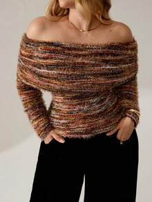 Auralis 大码女式性感优雅Y2K休闲露肩褶皱修身长袖针织毛衣，适合日常穿着，秋冬春季大码服装，大码套头衫，大码露肩上衣，露肩毛衣，大码毛衣，露肩长袖针织衫，针织上衣，女式毛衣，女式毛衣 - 棕色 - 查看 1