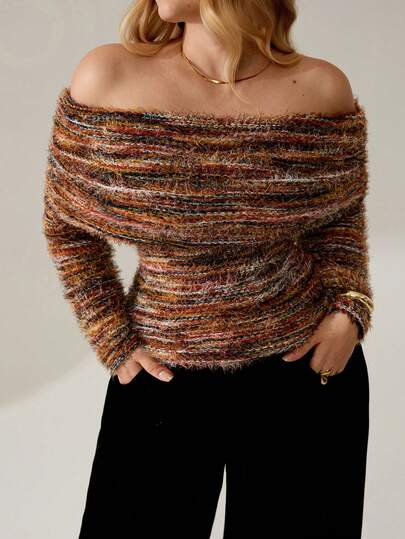 Auralis Plus Size Women's Sexy & Elegant Y2K Casual Off-Shoulder Ruched Fitted Long Sleeve Knit Fuzzy Sweater, Suitable For Daily Wear, Autumn/Winter/Spring Plus Size Fall Clothing Plus Size Jumper Plus Size Off Shoulder Top Off Shoulder Sweater Plus Size Sweater Off The Shoulder Long Sleeve Knit Tops Knit Top Women Sweater Women Sweater