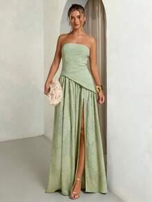 SHEIN BAE 鼠尾草绿、开心果绿、浅绿色纹理提花高开衩连衣裙、优雅长裙、早午餐裙、婚礼宾客服装、鸡尾酒会礼服 - 綠色 - 查看 5