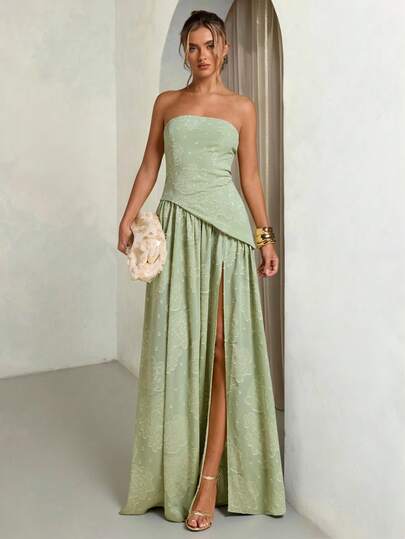 SHEIN BAE Sage Green, Pistachio Light Textured Jacquard High Slit Dress, Elegant Long Brunch Wedding Guest Attire, Cocktail Party Formal Gown