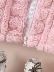 SHEIN Genkimix Kids 少女休闲毛绒夹克，粉色，前拉链，心形图案，秋冬连帽开衫