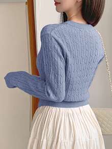 DAZY Áo khoác len cardigan xoắn đơn giản dành cho nữ, cài nút, tay dài, thu/đông - Màu xanh lam - Xem 4