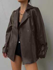 DAZY 女士休闲系带翻领西装外套，常规版型，秋季女式外套 - 咖啡棕 - 查看 3