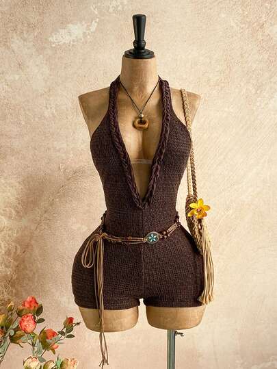 Soleia Women's Casual Jumpsuit With Halter Neck, Bowknot Backless Design, Suitable For Back To School, Beach, Wedding Guest, Graduation, Brunch, St. Patrick's Day, Spring Break, Easter, Music Festival, Elegant Bohemian, Tropical, Handmade Cable Knit, Autumn/Winter