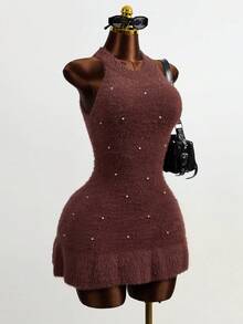 Mistrie Nouvelle robe mini près du corps pour femmes ornée de perles - Tabac - Voir 3
