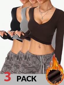 Coolane Áo thun nữ tay dài cổ chữ V, chất liệu len dệt kim co giãn màu đen, nâu và xám, thích hợp mặc khi trở lại trường vào mùa thu/đông, gồm 3 chiếc/ba mảnh - Nhiều màu - Xem 8