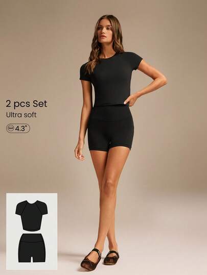 GLOWMODE 2 Pieces Glow More Lightweight Ultra-Soft Stretchy Slim Fit Crewneck & 4.3" FeatherFit™ Buttery-Soft Sweat-Wicking Tummy Control Biker Shorts Low Impact Set Yoga Pilates Studio Gym Training Daily Active Wear