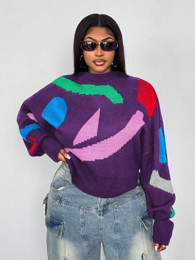 Maweii Plus Size Women Loose Fit Drop Shoulder Colorblock Crew Neck Sweater, Casual For Autumn/Winter - Multicolor - View 4