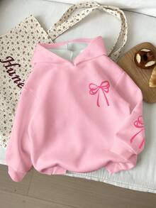 SHEIN 女童休闲可爱蝴蝶结装饰宽松圆领舒适针织长袖运动衫，奶油粉色，适合秋冬季 - 彩色 - 查看 2