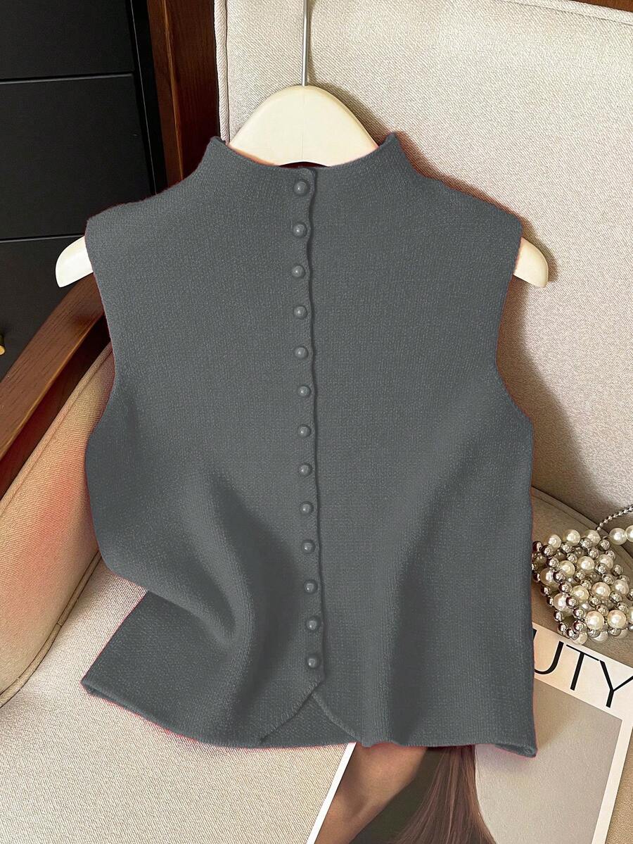 Franclia 休闲宽松高领无袖针织纽扣设计红色女式毛衣上衣，春秋 - 深灰色 - 查看 1