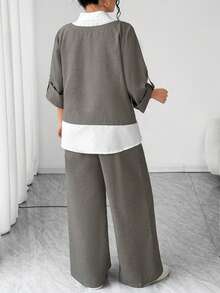 Elenzga 大码女式休闲二合一卷袖上衣和阔腿裤宽松套装 - 鵝黃色 - 查看 2