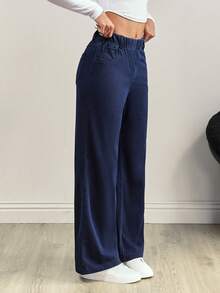 Flexra 女士松紧腰口袋针织休闲牛仔裤，简约时尚 - 藍色 - 查看 5