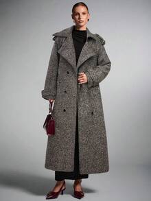 SHEIN BAE 大翻领花纹双排扣长款大衣，长款大衣女，风衣女，羊毛大衣女，粗斜纹羊毛大衣，秋冬优雅休闲外套 - 棕色 - 查看 3