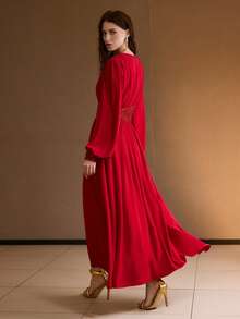 MOTF PREMIUM CONTRAST SEQUIN RUCHED V-NECK FITTED WAIST DRESS, AUTUMN/WINTER, CHRISTMAS DRESS, RED DRESS, NEW YEAR DRESS - Red - View 3