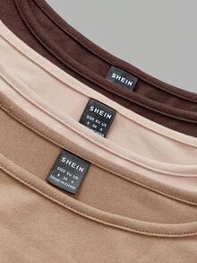 SHEIN EZwear Bộ 3 áo thun bodycon cổ rộng tay dài thường ngày cho nữ, Thu/Đông - Nhiều màu - Xem 8