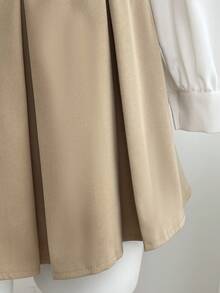 Elamini Women's Business Casual Contrast Color Patchwork Pleated Long Sleeve Shirt Dress, Fashionable Autumn Outfit - Khaki - View 5