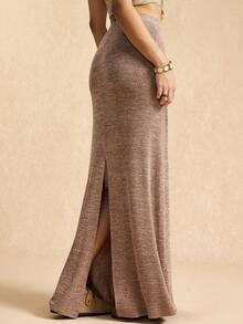 Easelle Vintage Nomadic Brown Low Waist Tie Front Slit Hem Bodycon Maxi Skirt For Women,Chic Elegant Summer Vacation Wrap Around Knit Curve Long Skirt - Brown - View 5